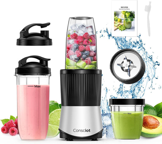 Consciot CB08 11-Piece Blender for Kitchen and Personal Size, Blend Shakes and Smoothies, Frozen Drinks, Baby Food, Spreads & More, 3 Portable To-Go Cups & 2 Spout Lids & 1 Solid Lid, 900 Peak Watts