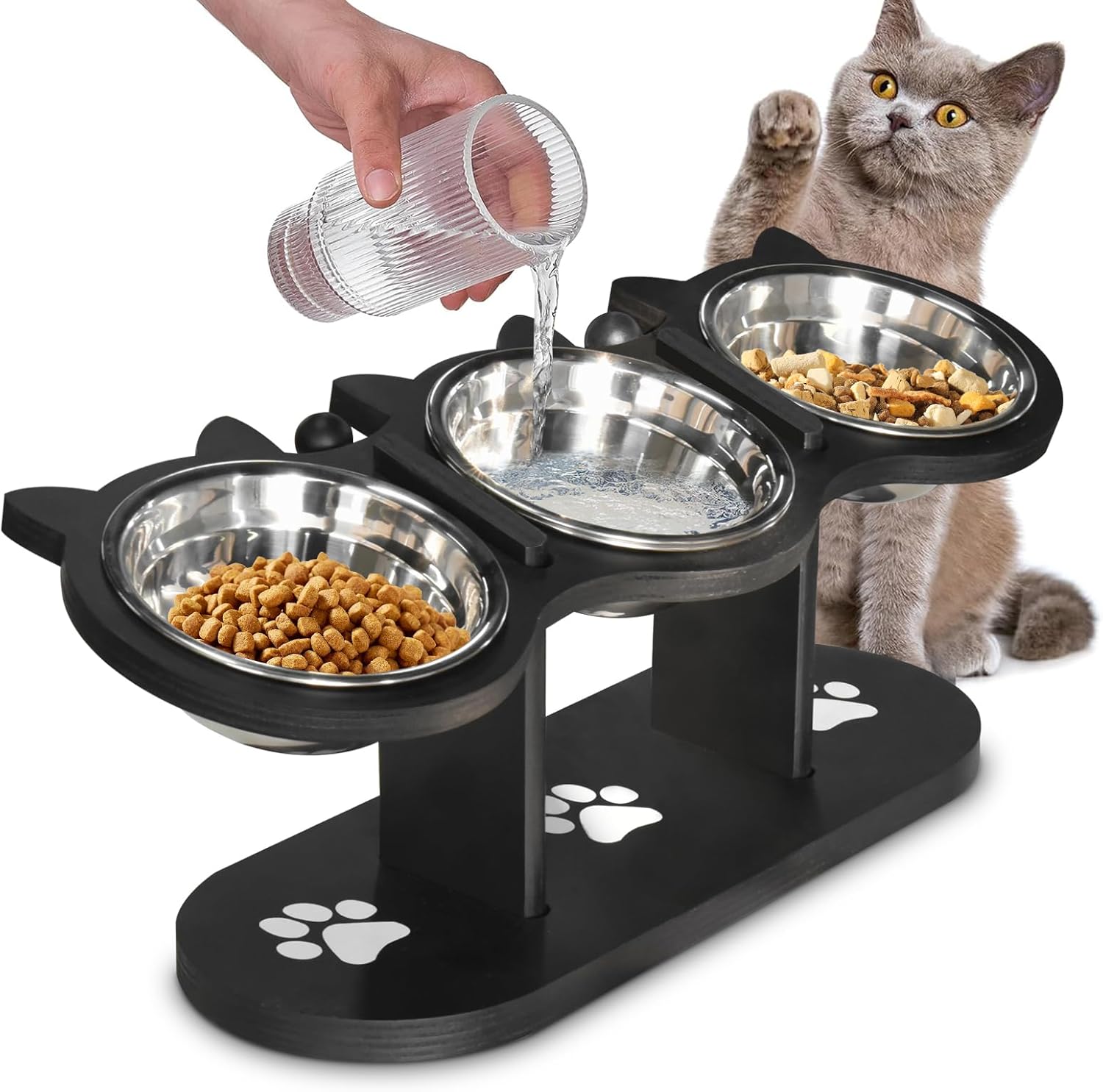 Cat Bowls Elevated, Raised Cat Food Bowls for Indoor Cats, Adjustable Heights Cat Food and Water Bowl with Black Shelf,3 Stainless Steel Elevated Cat Bowls with 15°Tilted,Cat Dishes for Food and Water