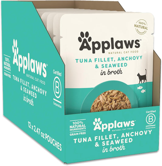 Applaws Natural Wet Cat Food in Broth, Limited Ingredient Wet Cat Food Pouches, No Additives, Made with Natural Ingredients, Tuna with Anchovt & Seaweed in Broth (12 x 2.47oz Pouches)