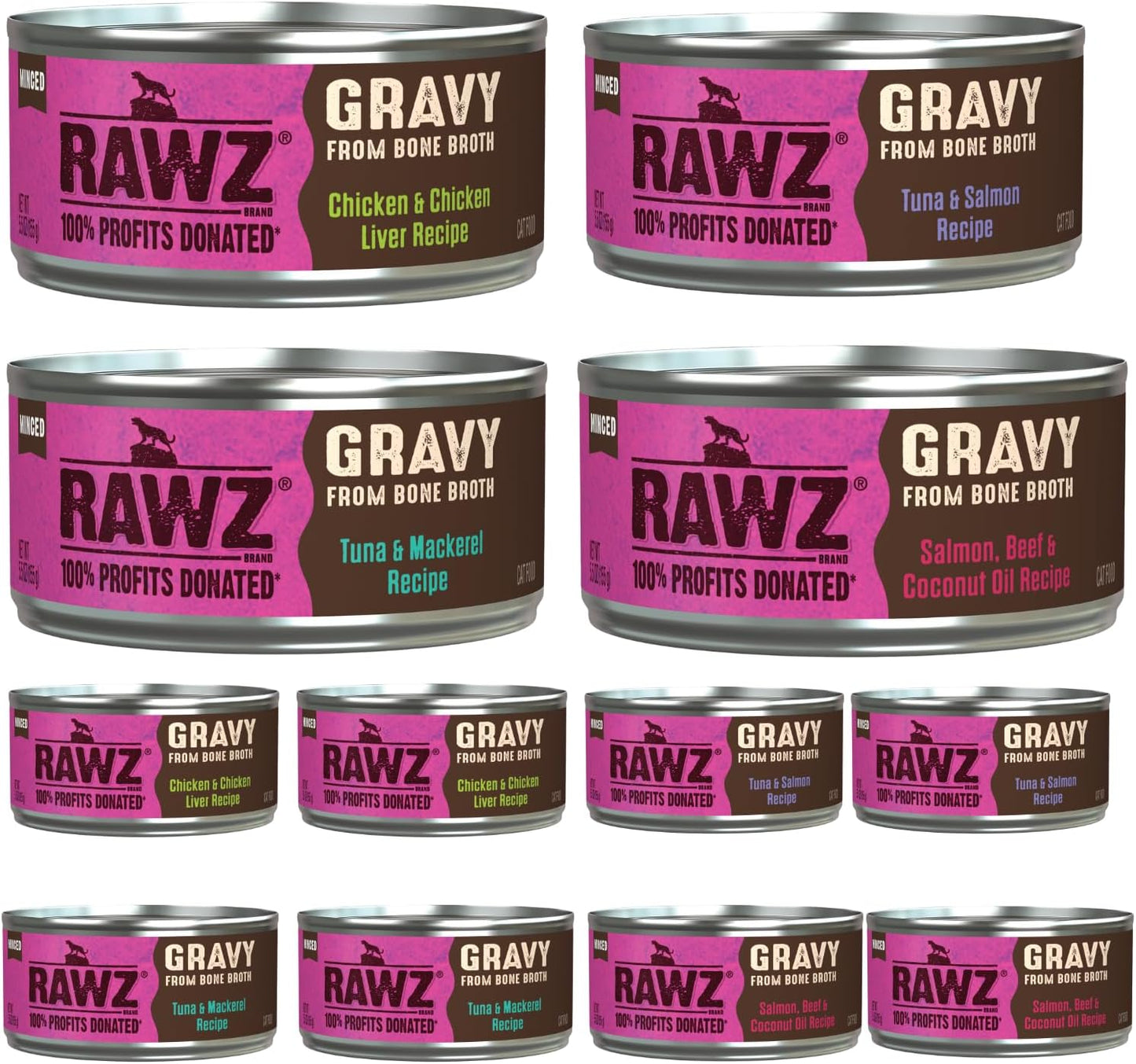 Rawz Natural Premium Minced Canned Cat Food in Gravy from Bone Broth -12 Pack Cans Variety Bundle - 4 Flavors with Hotspot Pets Can Lid (5.5 Oz Cans) (Pack of 12)