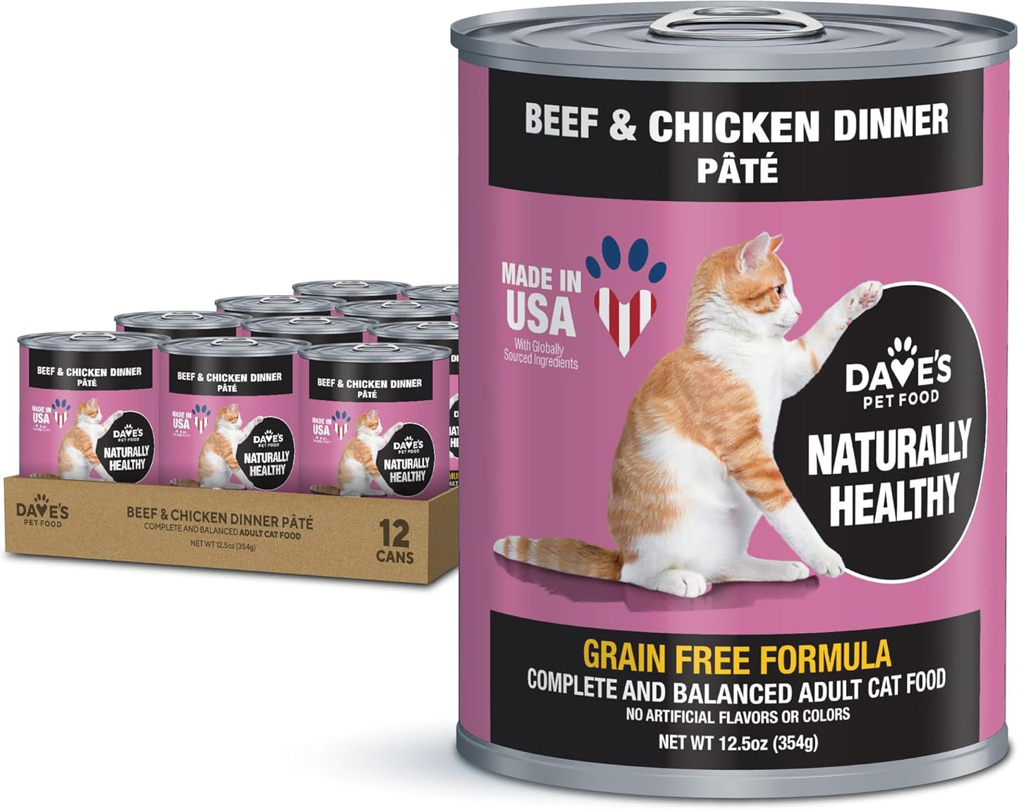 Dave's Pet Food Grain Free Wet Cat Food (Beef & Chicken Pate), Made in USA Naturally Healthy Canned Cat Food, Added Vitamins & Minerals, Wheat & Gluten-Free, 12.5 oz Cans (Case of 12)