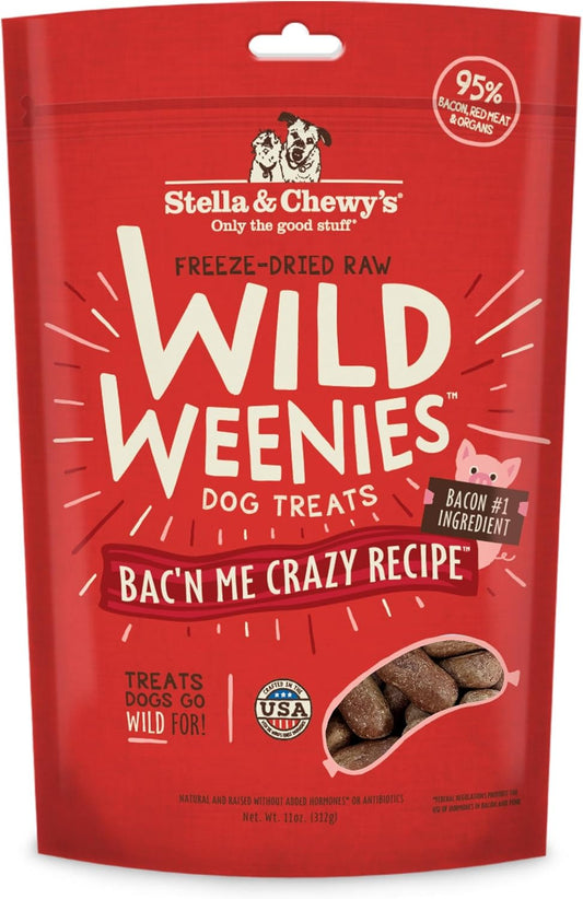 Stella & Chewy's Freeze-Dried Raw Wild Weenies Dog Treats \u2013 All-Natural, Protein Rich, Grain Free Dog & Puppy Treat \u2013 Great for Training & Rewarding \u2013 Bac\u2019n Me Crazy Recipe \u2013 11 oz Bag