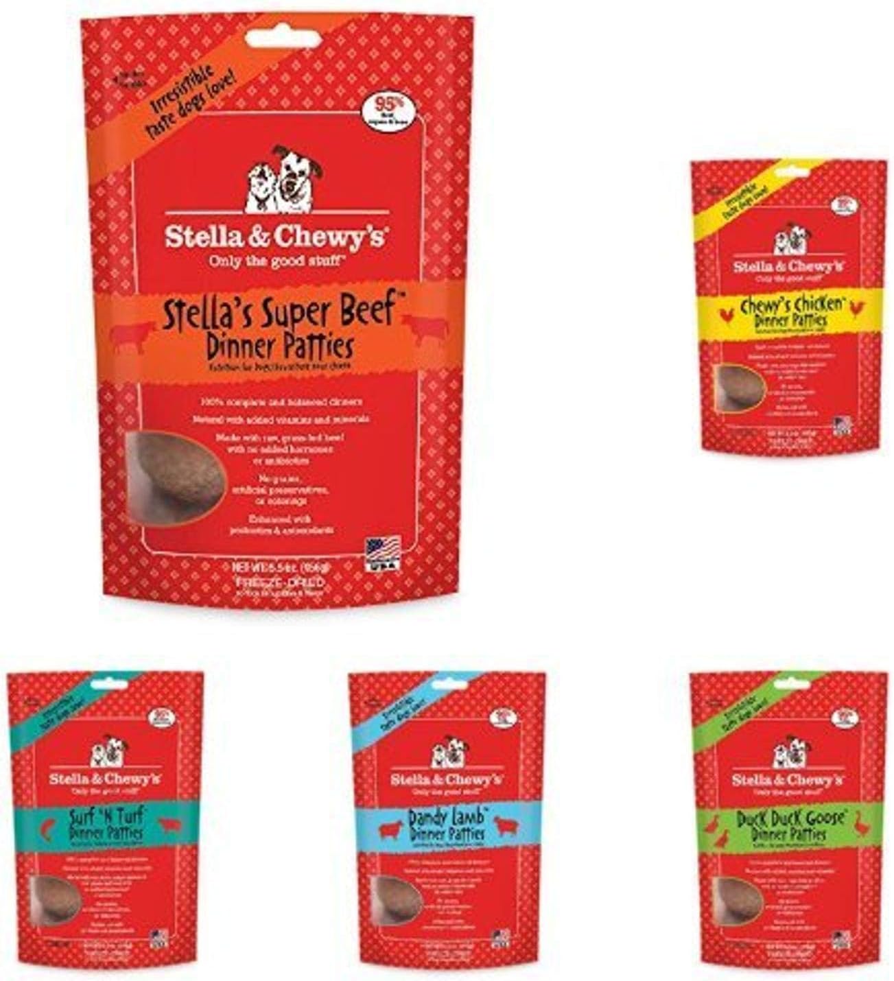 Stella & Chewy'S Freeze-Dried Raw Dinner Patties Dog Food Variety Pack Of 5 (Beef, Chicken, Duck, Lamb And Surf N' Turf), 5.5 Oz. Each