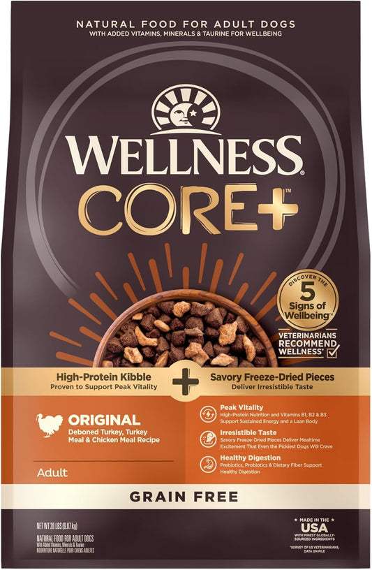 Wellness CORE+ (Formerly RawRev) Natural Grain Free Dry Dog Food, Original Turkey & Chicken with Freeze Dried Turkey, 20-Pound Bag