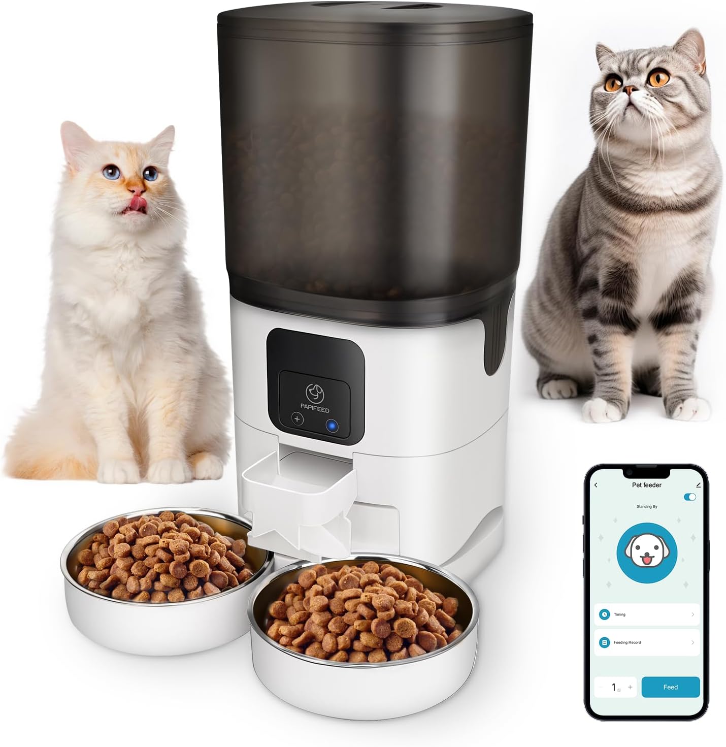 Smart Automatic Cat Feeders for 2 Cats ，7L Cat Food Dispenser with Double Bowls，WiFi Pet Feeder with APP Control for Remote Feeding，Dual Power Supply Auto Cat Feeder