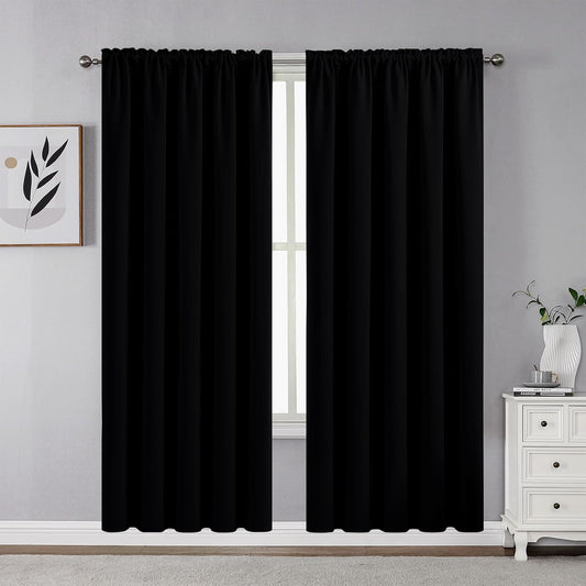 CUCRAF Black Blackout Curtains 72 inch Length 2 Panels Set, Rod Pocket Room Darkening Drapes for Bedroom Living Room, Insulated Thermal Light Blocking Window Curtain (W52 x L72 Inch)