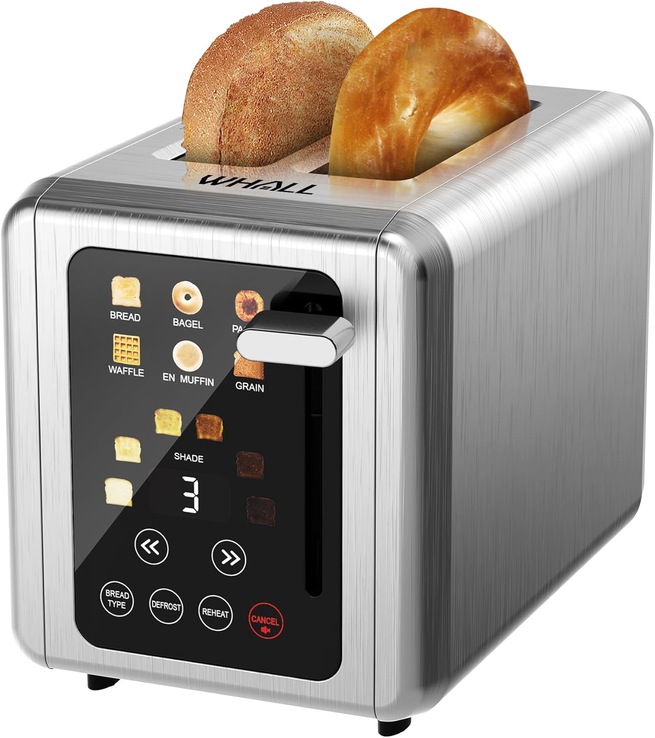 WHALL® Touch Screen Toaster 2 Slice, Stainless Steel Digital Timer Toaster, 6 Bread Types & 6 Shade Settings, Smart Extra Wide Slots Toaster With Bagel, Cancel, Defrost Functions