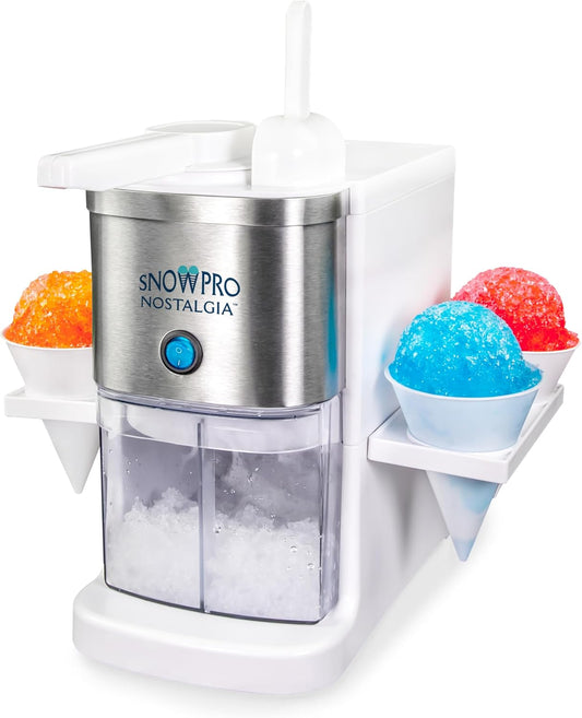 Nostalgia SnowPro Electric Shaved Ice & Snow Cone Maker 64-Ounce Ice Shaving Capacity, 4 Reusable Cones, Side Shelves, and Scoop Included