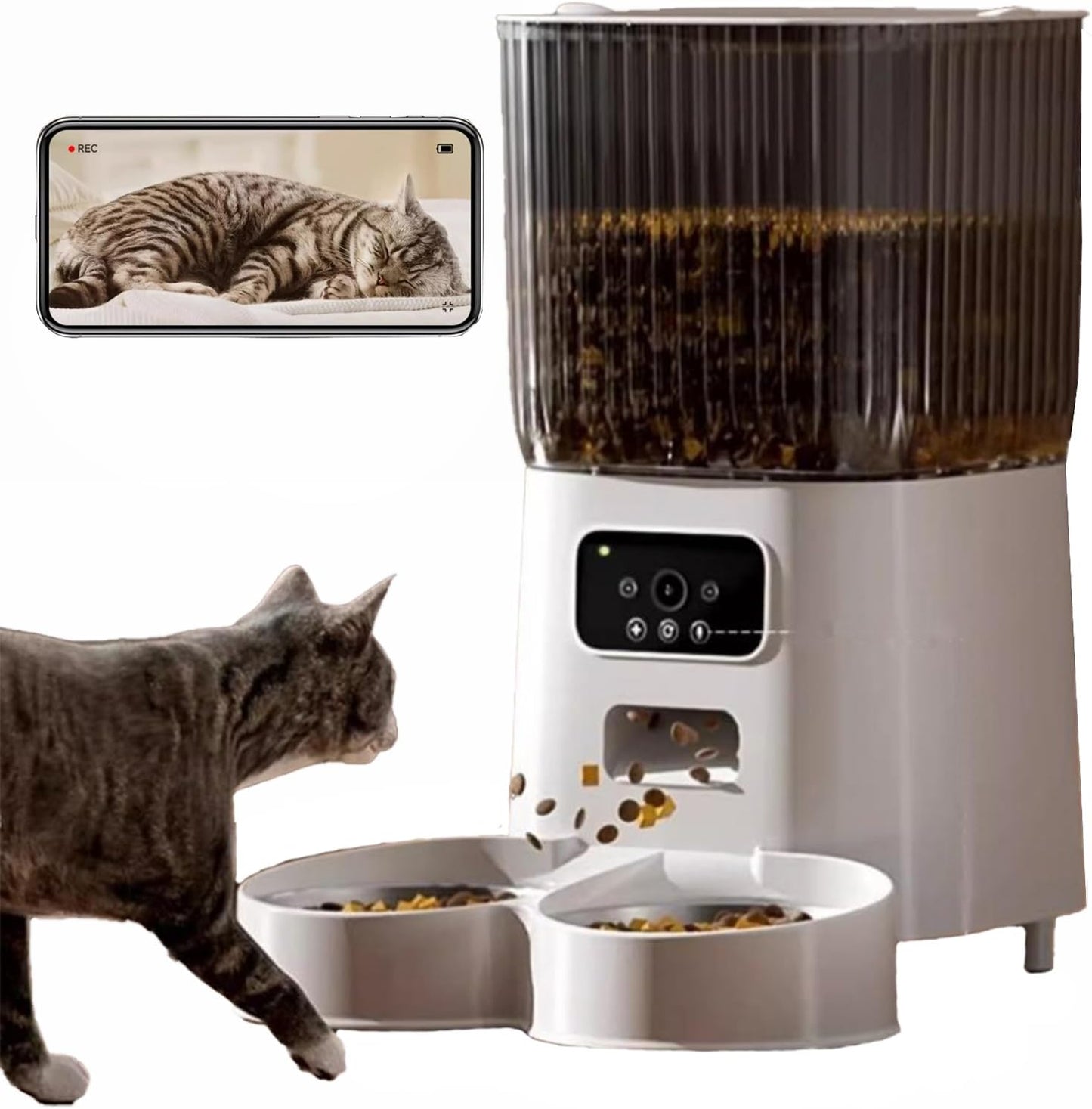 Junbec-Pet Automatic Cat Feeders 2 Cats with Camera, 5L Dual Pet Auto Timed Electric Smart APP Food Feeding Dispenser with Freshness Preservation Low Food Sensor (5L-2 Bowls with Camera)