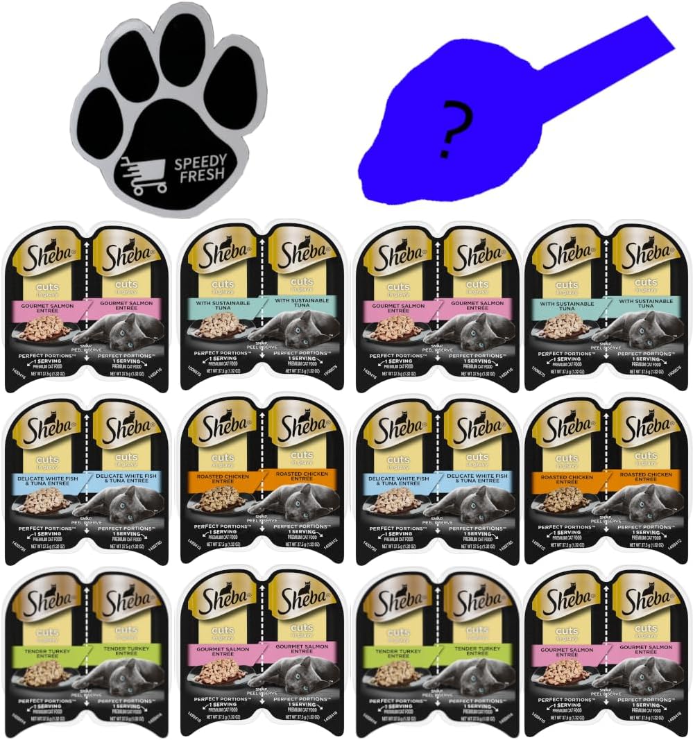 SPEEDY FRESH Bundle of Sheba Perfect Portions Cuts Wet Cat Food 5 Flavor Variety Multipack (24 Servings\/12 Twin Packs) Magnet and Mystery Mouse Toy