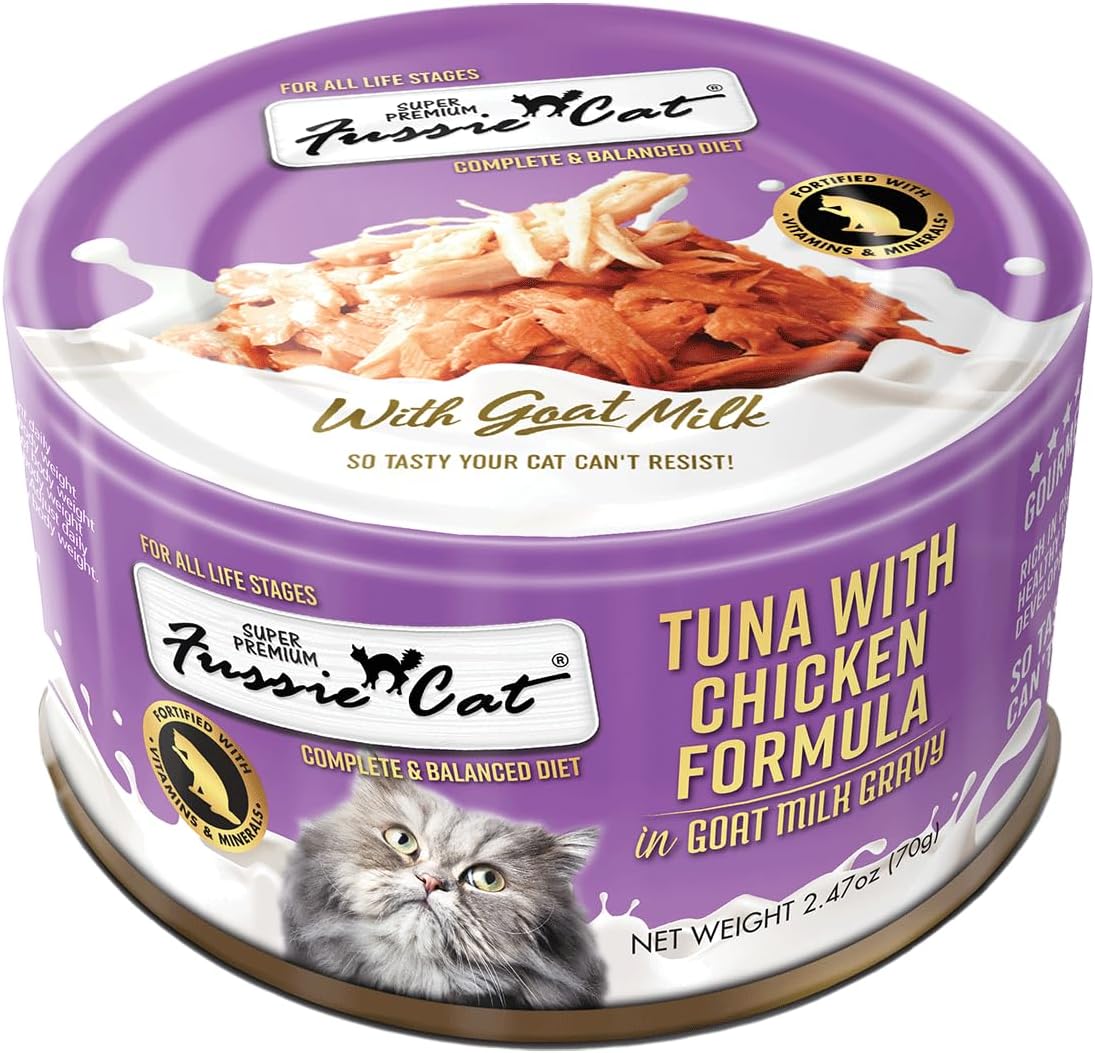 Fussie Cat Premium Canned Wet Cat Food in Goat Milk Gravy - 2.47 oz Cans - Case of 24 Cans (Tuna & Chicken)