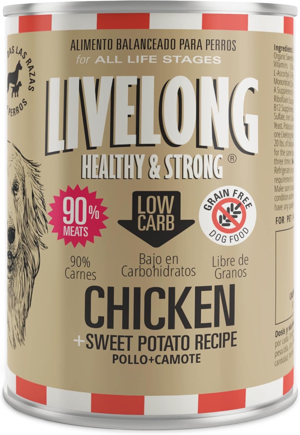 Livelong Healthy & Strong: 12 Pack - Chicken & Sweet Potato Recipe - 12.5oz Cans, Wet Dog Food, High Protein, All Natural, No Preservatives, USA Made