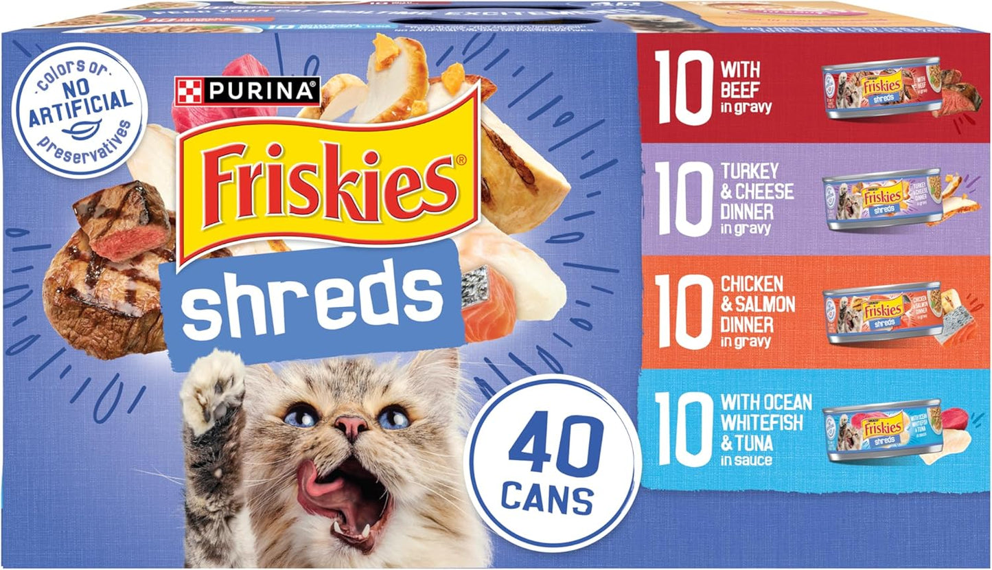 Purina Friskies Wet Cat Food Variety Pack, Shreds With Beef, Turkey and Cheese Dinner, Chicken and Salmon Dinner, and With Ocean Whitefish and Tuna - (Pack of 40) 5.5 oz. Cans