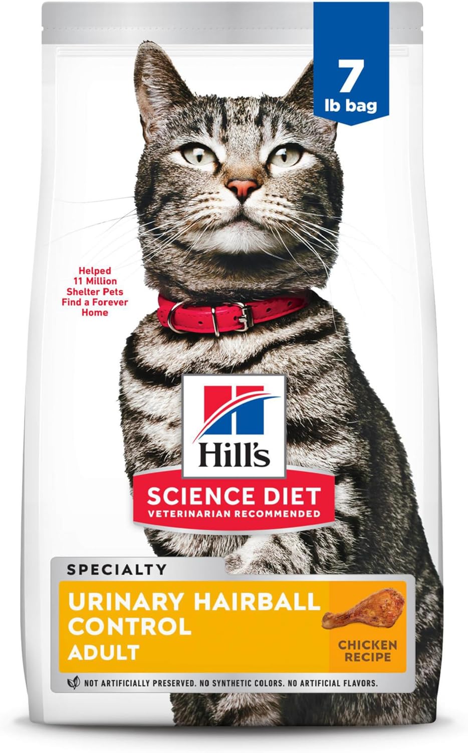 Hill's Science Diet Urinary Hairball Control, Adult 1-6, Urinary Track Health & Hairball Control Support, Dry Cat Food, Chicken Recipe, 7 lb Bag