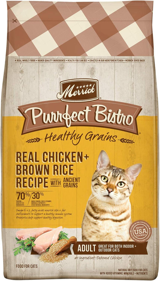 Merrick Purrfect Bistro Premium Healthy Grains Dry Cat Food For Adult Cats, Real Chicken And Brown Rice Recipe - 7.0 lb. Bag