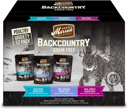 Merrick Backcountry Grain Free Gluten Free Premium Wet Cat Food Variety Pack, Poultry Recipes Cuts with Gravy - (Pack of 12) 2 lb. Pouches