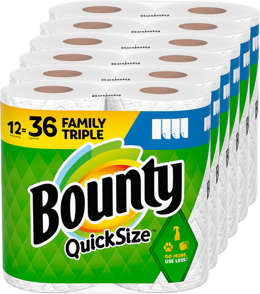 Bounty Quick-Size Paper Towels, White, 12 Family Triple Rolls = 36 Regular Rolls