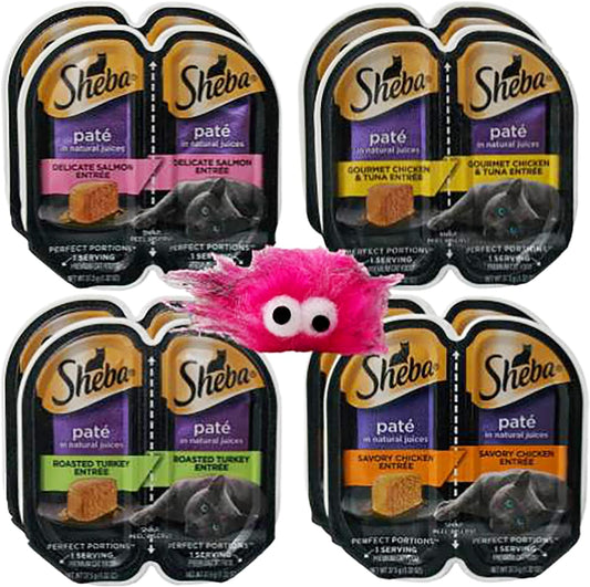 Sheba Perfect Portions Premium Cat Food Pate 4 Flavor 8 Can Variety with Toy Sampler Bundle, (2) Each: Salmon, Chicken Tuna, Turkey, Chicken (2.6 Ounces)