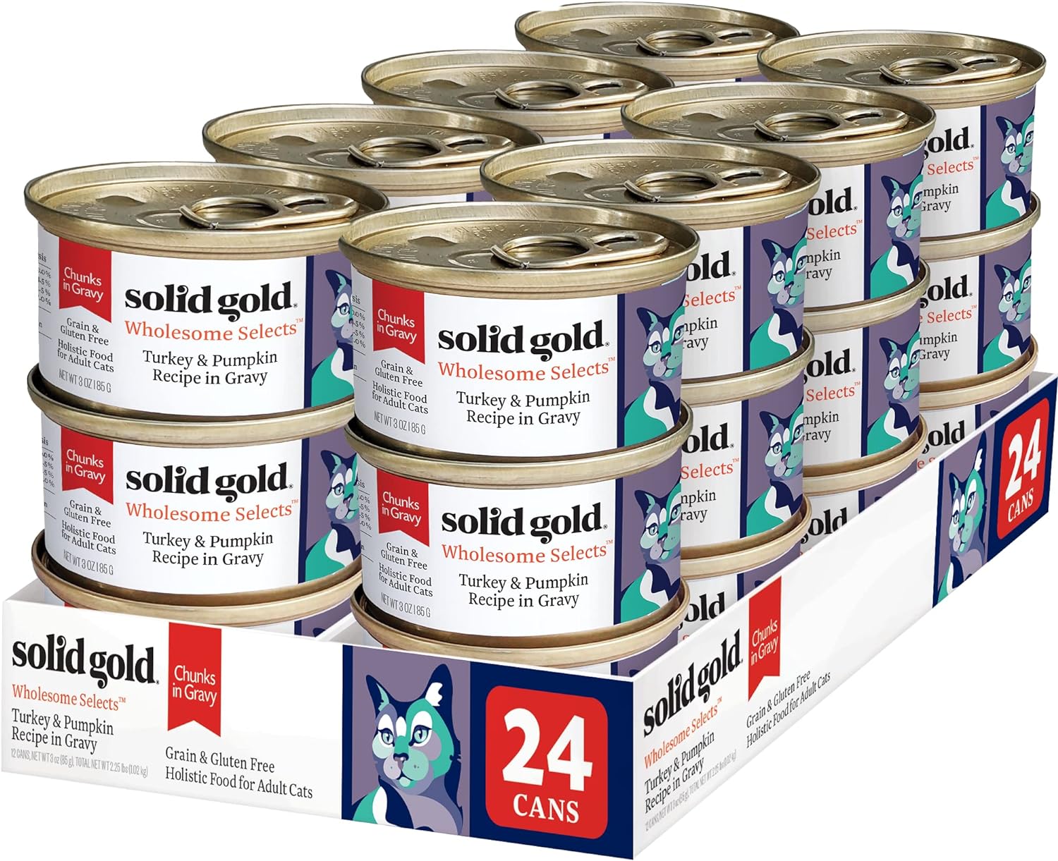 Solid Gold Wet Cat Food for Adult & Senior Cats 24 Pack - Wholesome Selects Chunks in Gravy - Made with Real Turkey & Pumpkin for Healthy Digestion and Sensitive Stomach