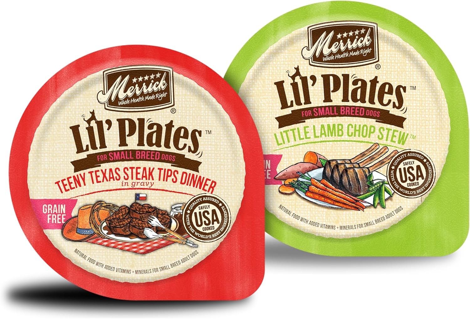 Merrick Lil’ Plates Grain Free Small Breed Wet Dog Food Bundle Pack, 2 Flavors (Teeny Texas Steak Tips Dinner, Little Lamb Chop Stew)