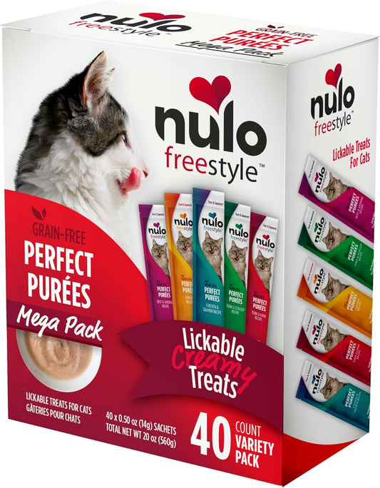 Nulo Freestyle Grain-Free Perfect Purees Premium Wet Cat Treats, Squeezable Meal Topper for Felines, High Moisture Content to Support Cat Hydration, 0.5 Ounce, 40-Count Variety Pack