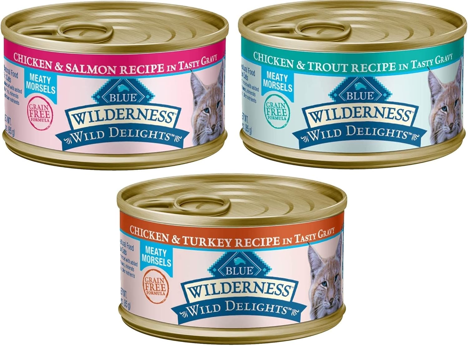 (24 Pack) BlueBuffalo Wildernes Variety Bundle Pack Cat Food - 3 Flavors (8 Chicken & Trout , 8 Chicken & Salmon ,8 Chicken & Turkey) (3 oz Cans) High Protein Grain Free, Wet Cat Food