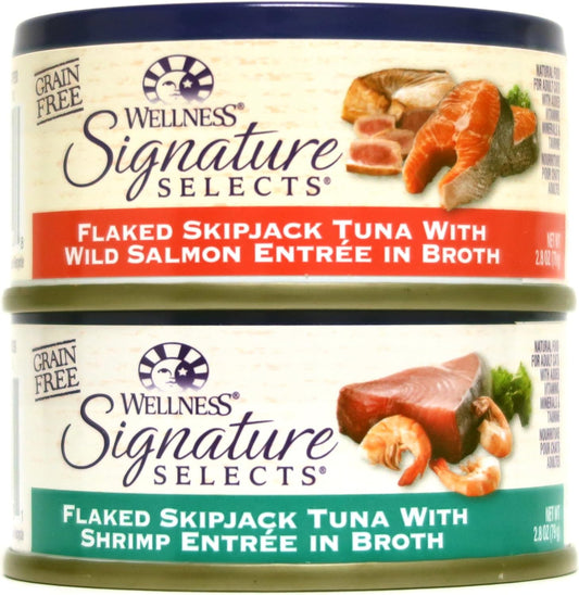 Wellness Natural Grain Free Signature Selects Flaked Wet Cat Food Variety Pack Box - 2 Flavors (Wild Salmon & Shrimp) - 2.8 Ounces Each (12 Total Cans)