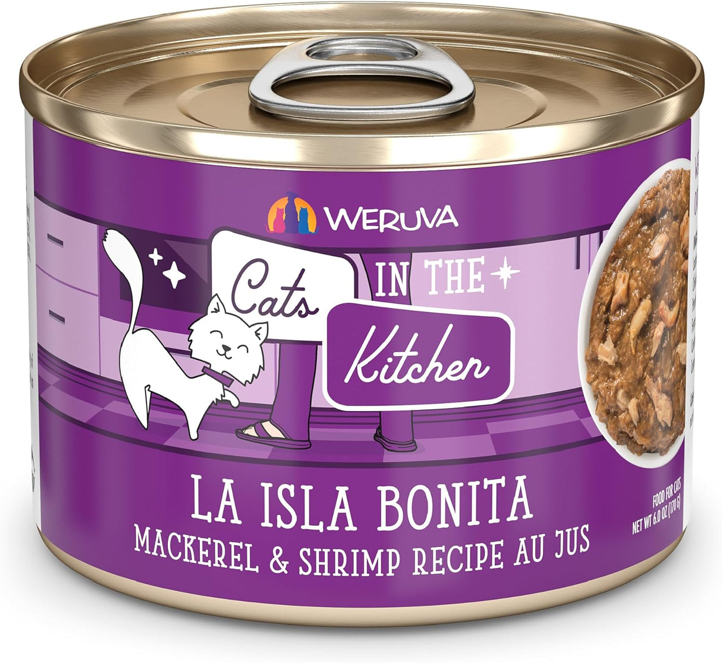 Weruva Cats in The Kitchen, La Isla Bonita with Mackerel & Shrimp Au Jus Cat Food, 6oz Can (Pack of 24)