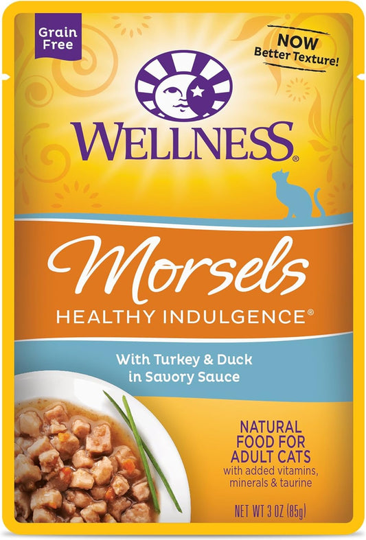 Wellness Healthy Indulgence Natural Grain Free Wet Cat Food, Morsels Turkey & Duck, 3-Ounce Pouch (Pack Of 24)