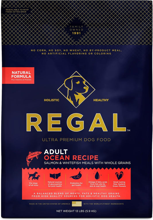 Regal Pet Foods Adult Ocean Recipe (Salmon) All Natural, Slow Cooked Whole Grain Dry Dog Food for All Breeds and Sizes of All Life Stages - Made in The USA, 13 LB Bag