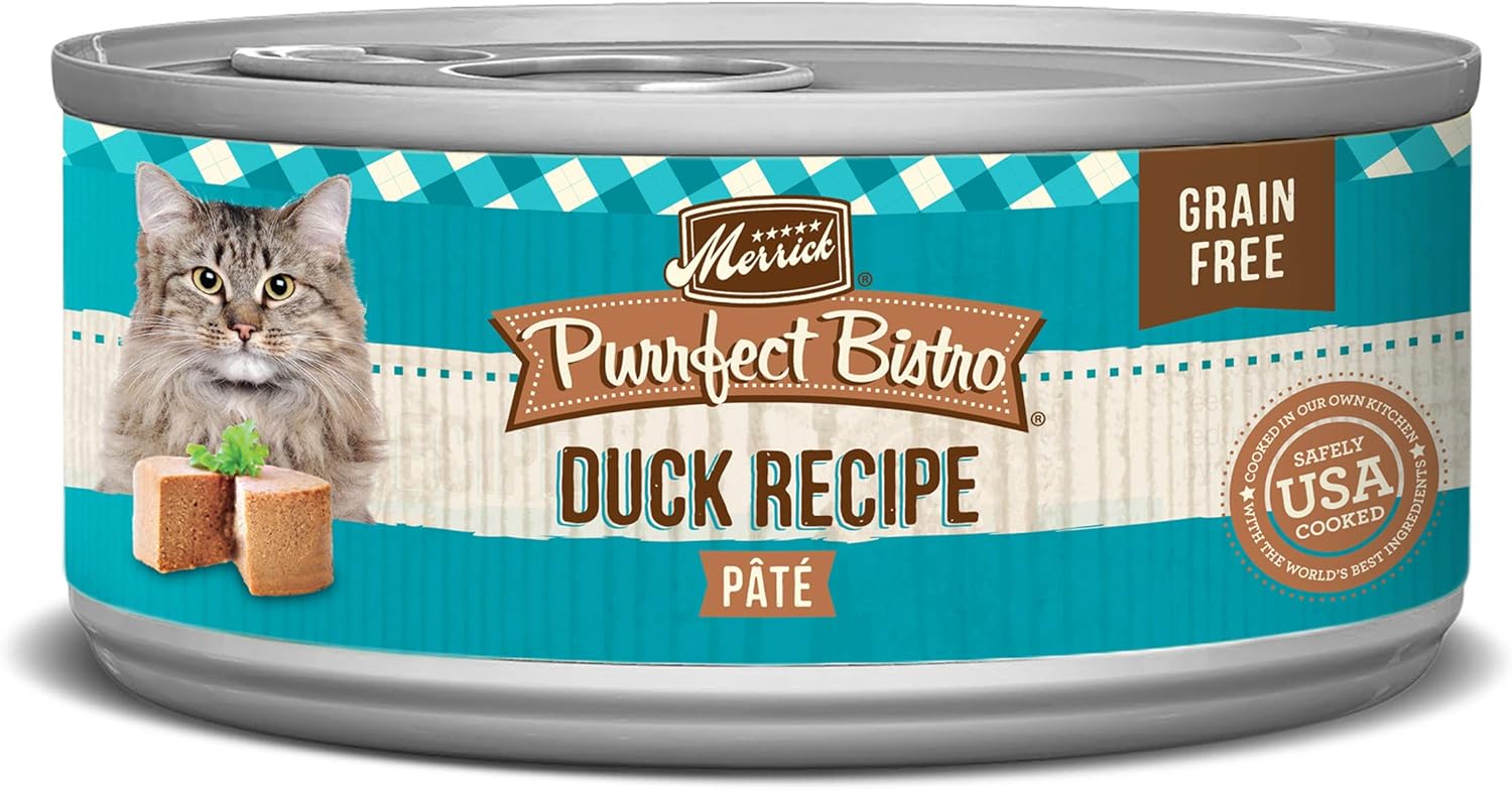 Merrick Purrfect Bistro Grain Free Premium Soft Canned Pate Adult Wet Cat Food, High Protein Duck Recipe - (Pack of 24) 5.5 oz. Cans