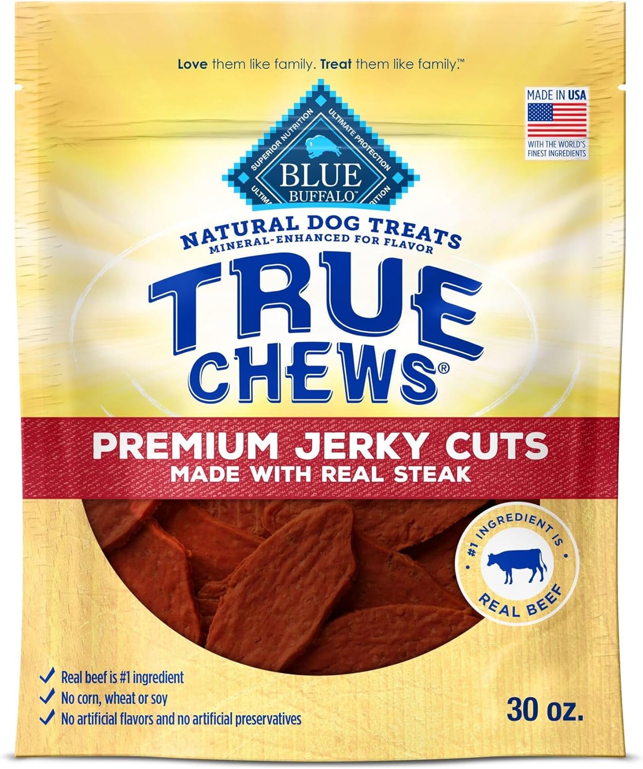 Blue Buffalo True Chews Premium Jerky Cuts Dog Treats, Made in The USA with Natural Ingredients, Beef, 30-oz Bag