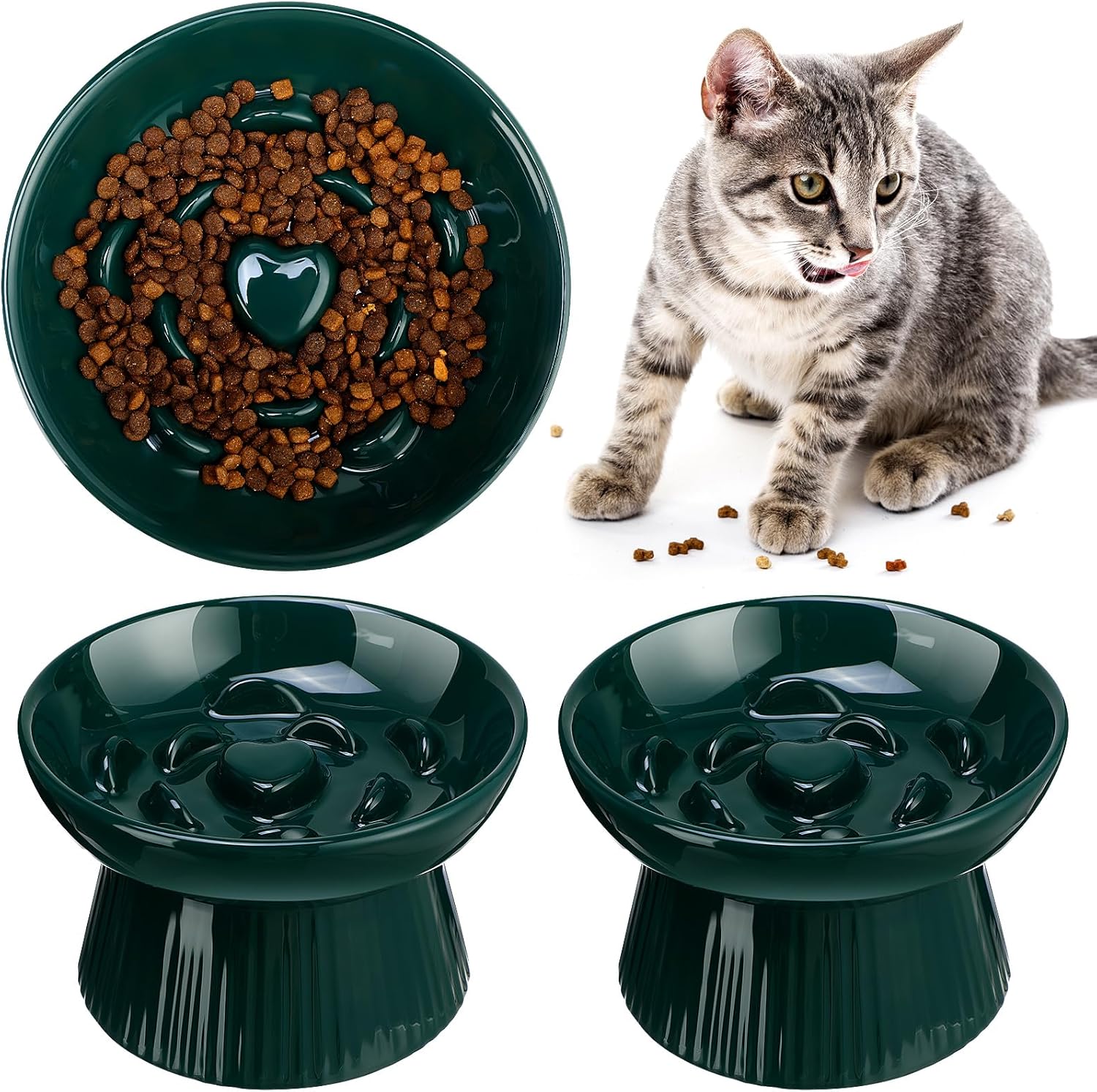 Tioncy 2 Pcs Ceramic Slow Feeder Raised Cat Bowl Cat Food Bowl Elevated Cat Bowls Dry Wet Food and Water Bowl Easy to Clean Pet Bowls High Edge for Cats Small Dogs, Dishwasher Safe (Dark Green)