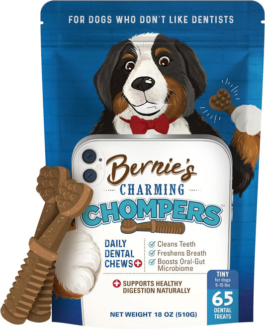 Bernie's Charming Chompers - Daily Dental Chews for Dogs 5-15 Lbs. - 65 Count - Cleans Teeth, Freshens Breath, + Boosts Oral-Gut Microbiome. Easy to Digest, Supports Healthy Digestion Naturally