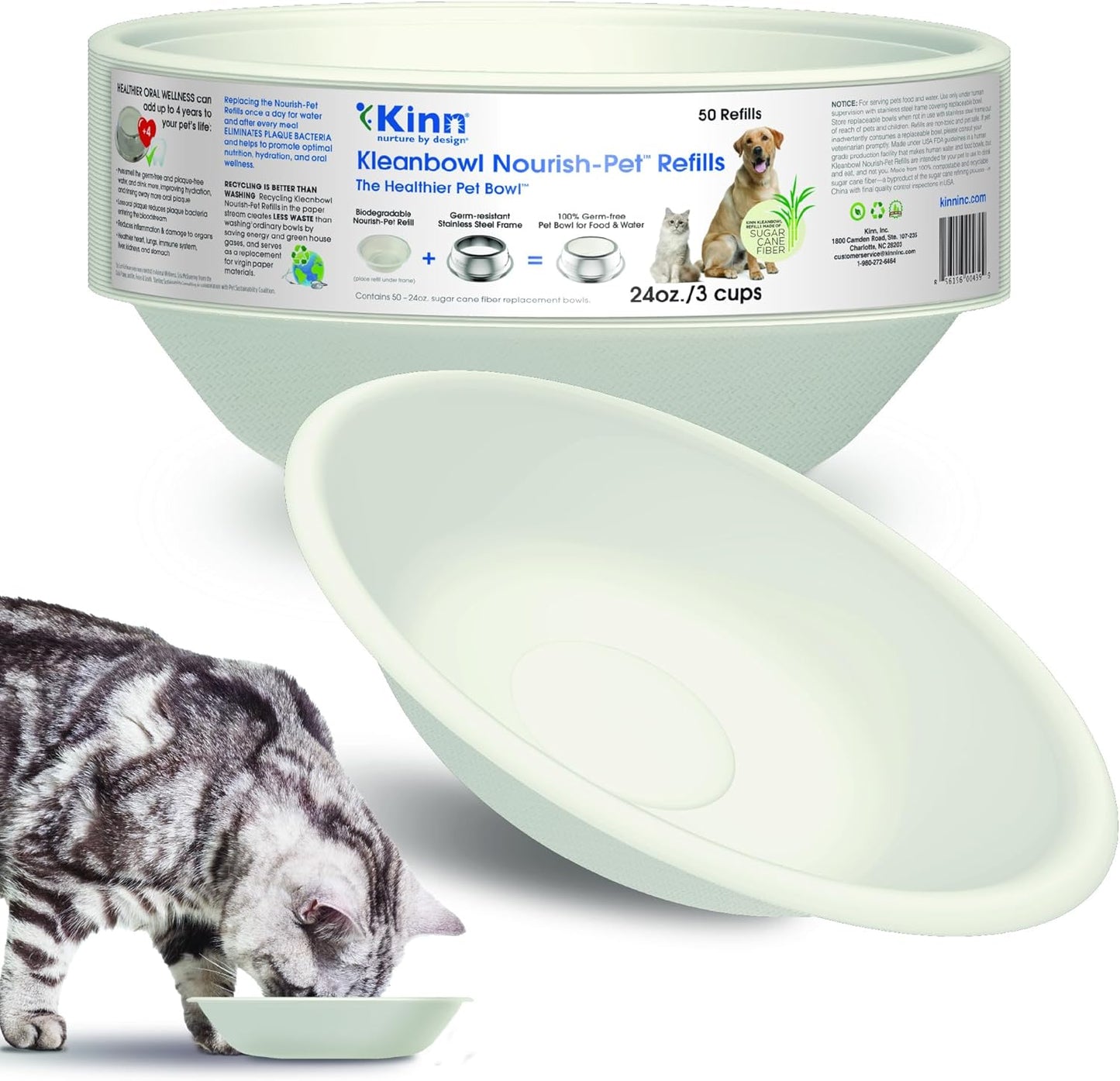 Kinn Whisker Fatigue Cat Bowl, Compostable & Disposable Cat Food Bowl, 24oz (50 Refills) Cat Water Bowl, Whisker Friendly Cat Bowl for Cat Owners Needing Convenience and Cleanliness in a Pet Bowl