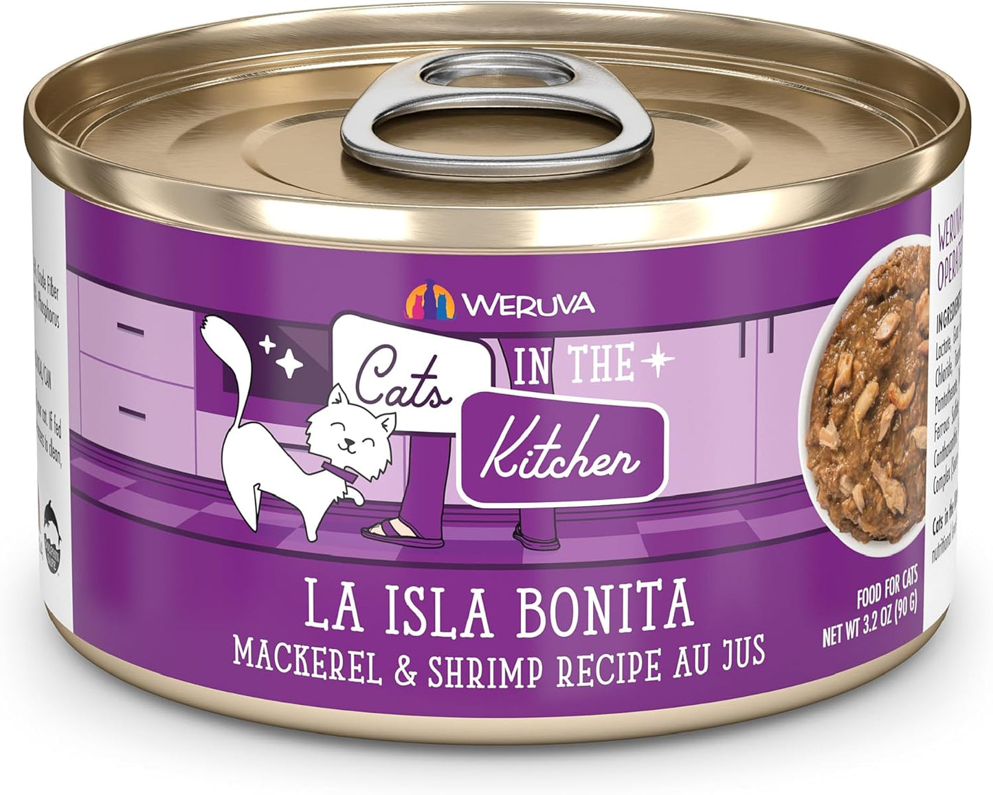 Weruva Cats in The Kitchen, La Isla Bonita with Mackerel & Shrimp Au Jus Cat Food, 3.2oz Can (Pack of 24)