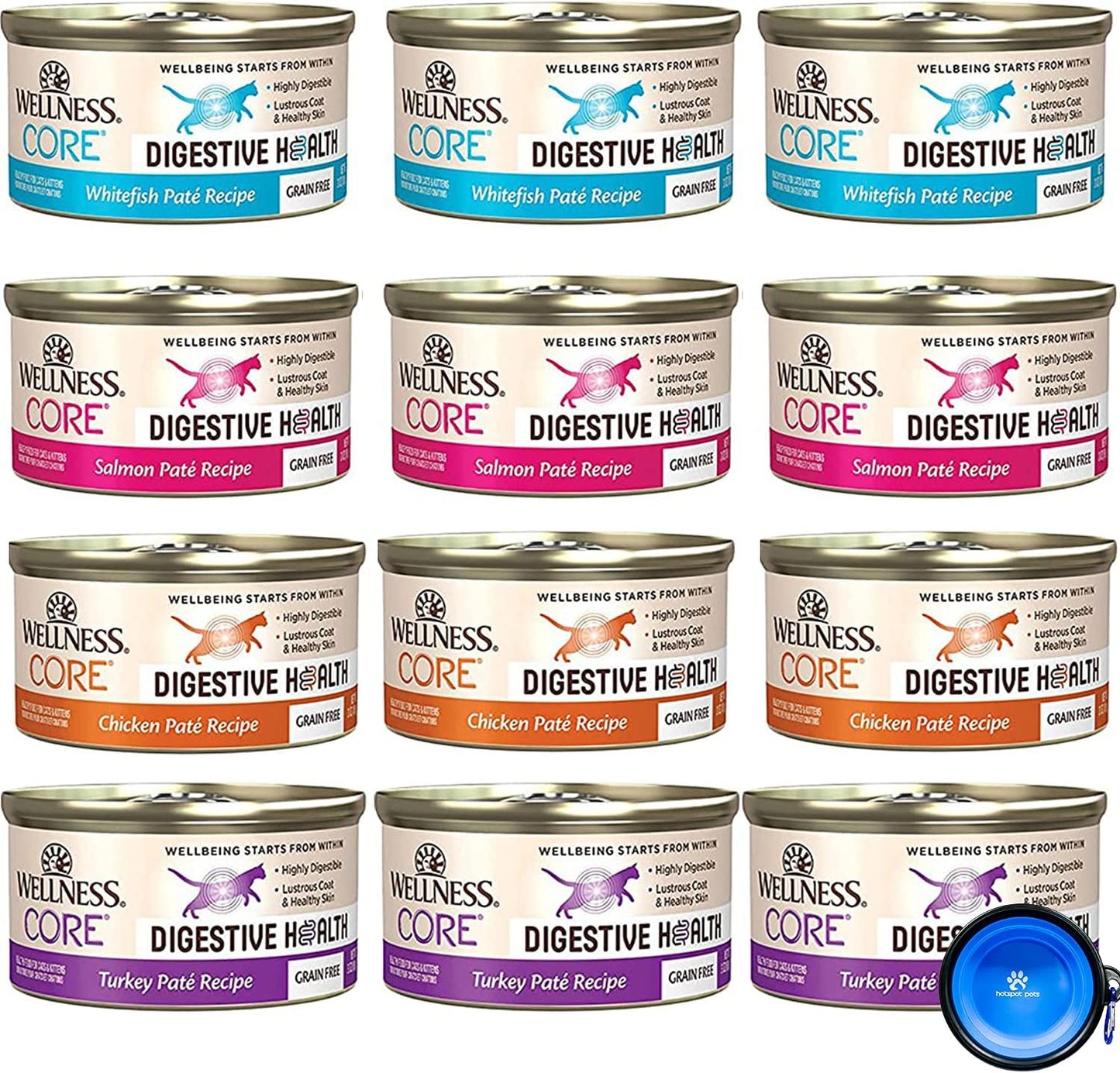 Wellness Core Digestive Grain Free Canned Cat Wet Food Pate - 12 Pack Cans Variety Bundle Pack 4 Flavor - (Chicken, Salmon Whitefish & Turkey) with Hotspot Pets Pet Food Bowl - (3 Oz)