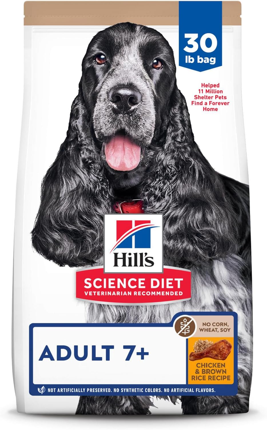 Hill's Science Diet Adult 7+, Senior Adult 7+ Premium Nutrition, Dry Dog Food, No Corn, Wheat, Soy Chicken & Brown Rice, 30 lb Bag