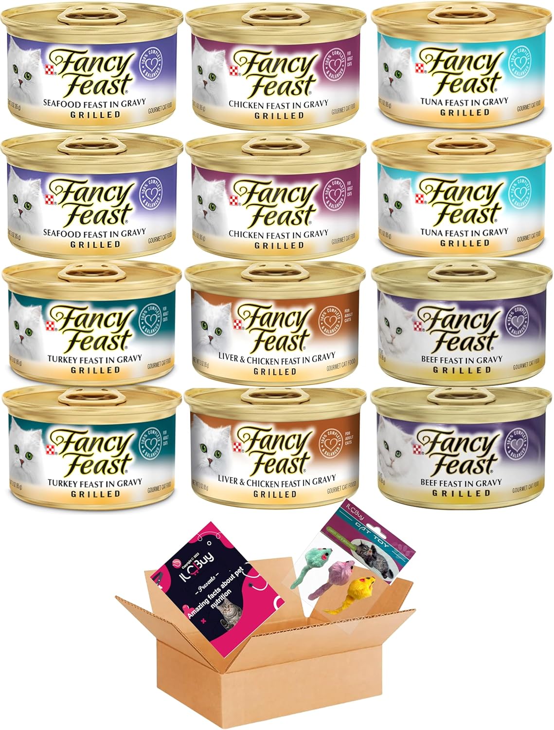 Grilled Wet Canned Food cat Food Bundle, Variety Pack :02 Seafood,02 Chicken, 02 Tuna,02 Turkey,02 Liver&Chicken,02 Beef Grilled. Pack of 12 cans in Total. Plus Booklet.