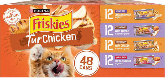 Purina Friskies Wet Cat Food Gravy Variety Pack, TurChicken Extra Gravy Chunky, Meaty Bits and Prime Filets - 48 ct. Can