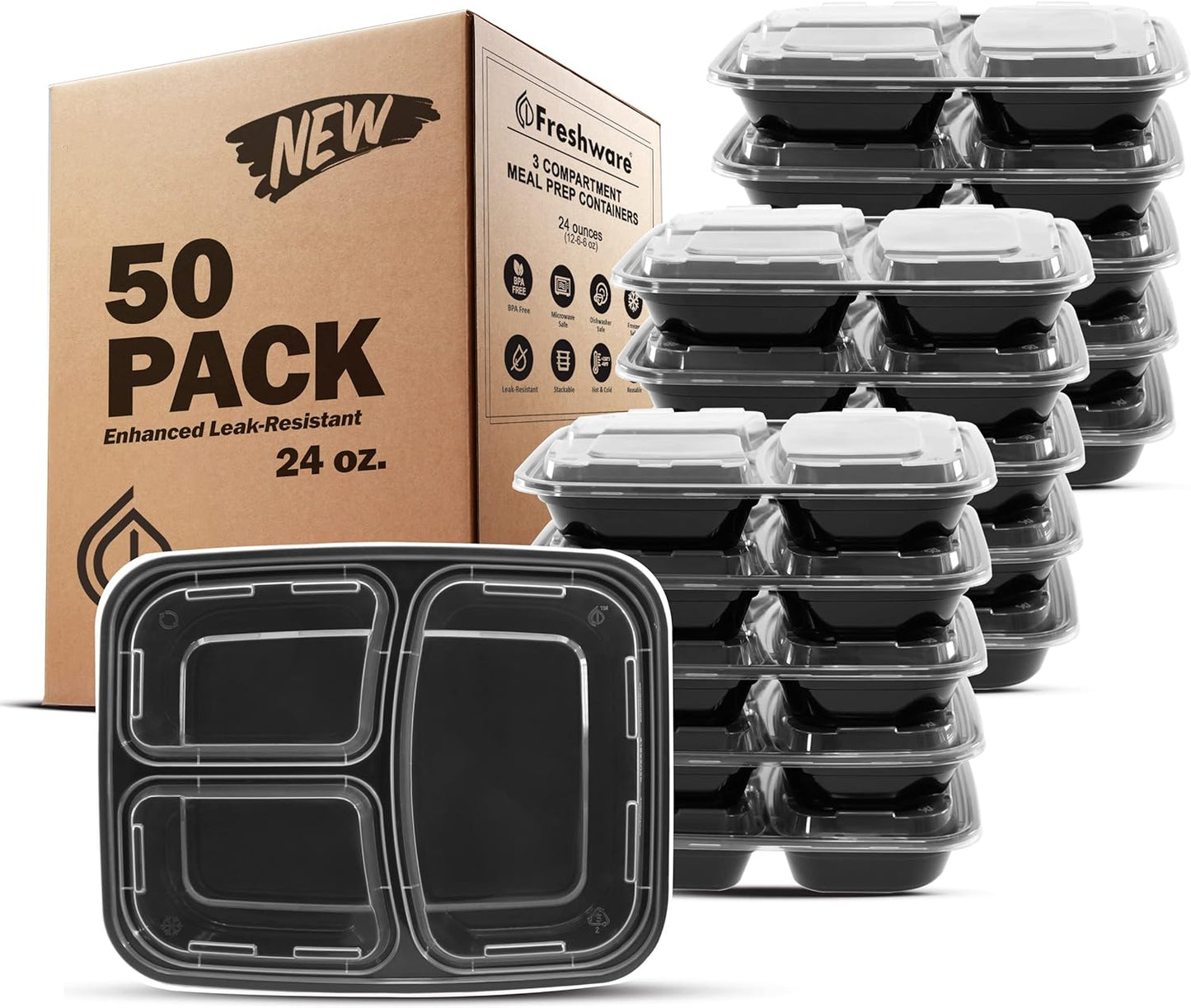 Freshware Meal Prep Containers [50 Pack] 3 Compartment Food Storage Containers with Lids, Bento Box, BPA Free, Stackable, Microwave\/Dishwasher\/Freezer Safe (24 oz)