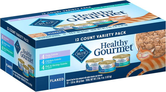 Blue Buffalo Healthy Gourmet Natural Adult Flaked Wet Cat Food Variety Pack Tuna, Chicken, Fish & Shrimp 3-Oz Cans (12 Count- 4 of Each Flavor)