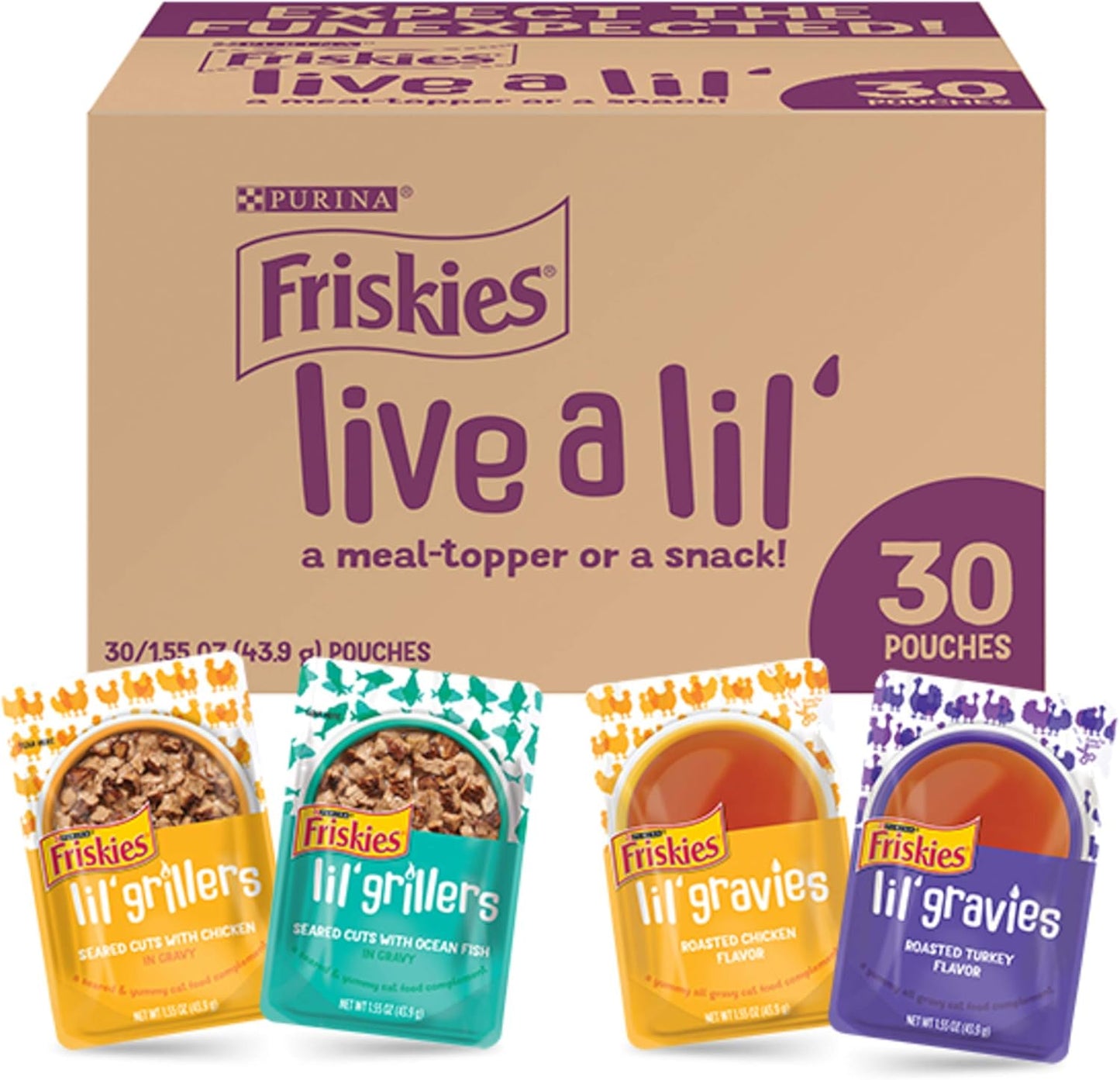 Purina Friskies Gravy Wet Cat Food Complement Variety Pack, Lil' Gravies and Lil' Grillers - (Pack of 30) 1.55 oz. Pouches