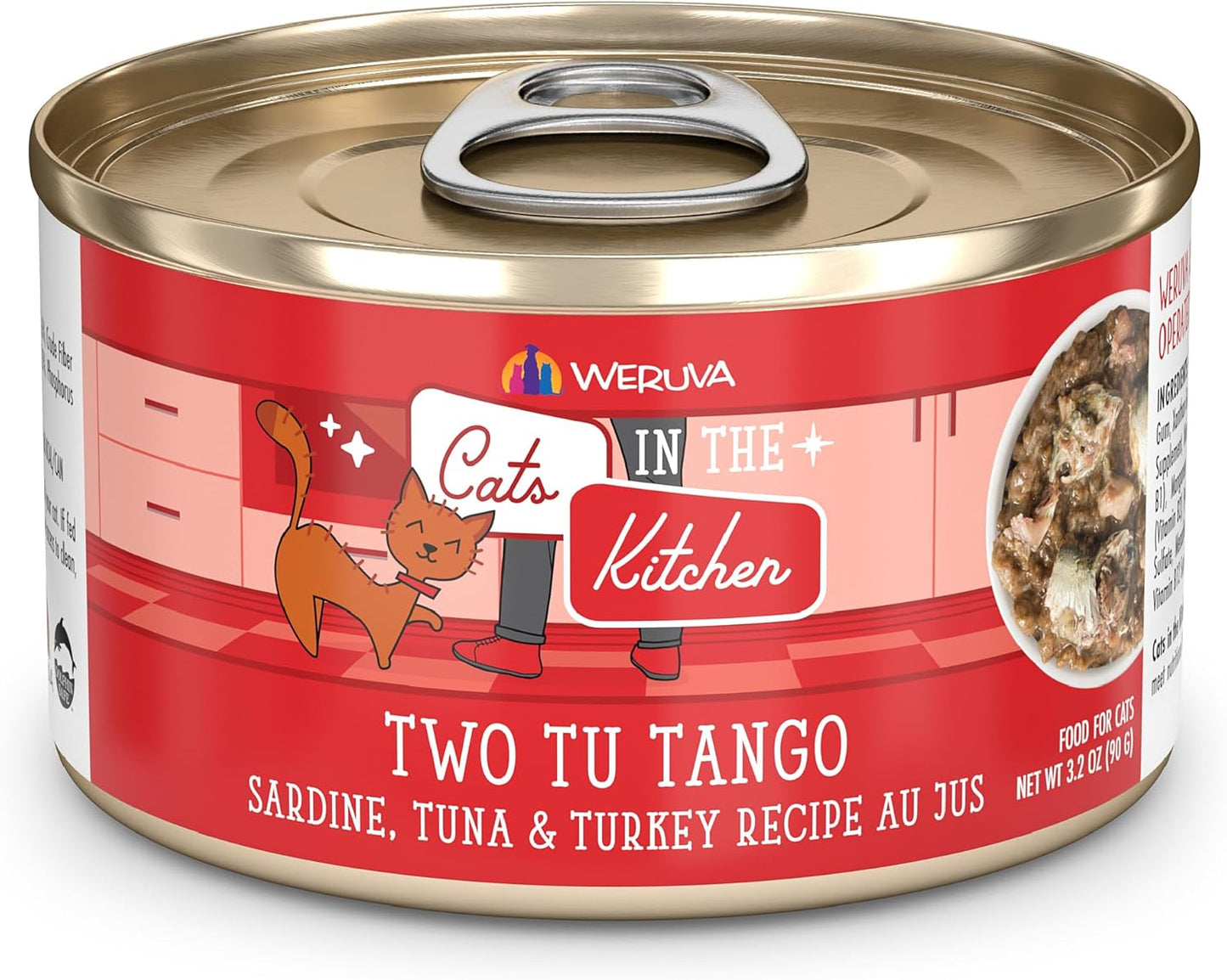 Weruva Cats in The Kitchen, Two Tu Tango with Sardine, Tuna & Turkey Au Jus Cat Food, 3.2oz Can (Pack of 24)