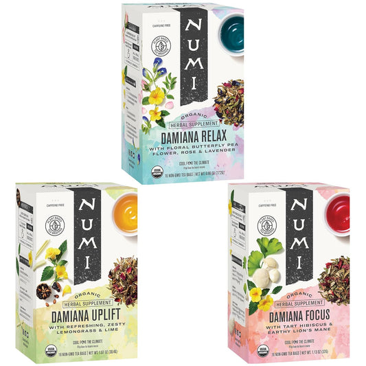 Numi Organic Damiana Herbal Tea Variety Pack - Relax, Focus & Uplift with Damiana, Butterfly Pea Flower, Lemon Balm, Gingko (Pack of 3), 16 Count Herbal Tea Bags