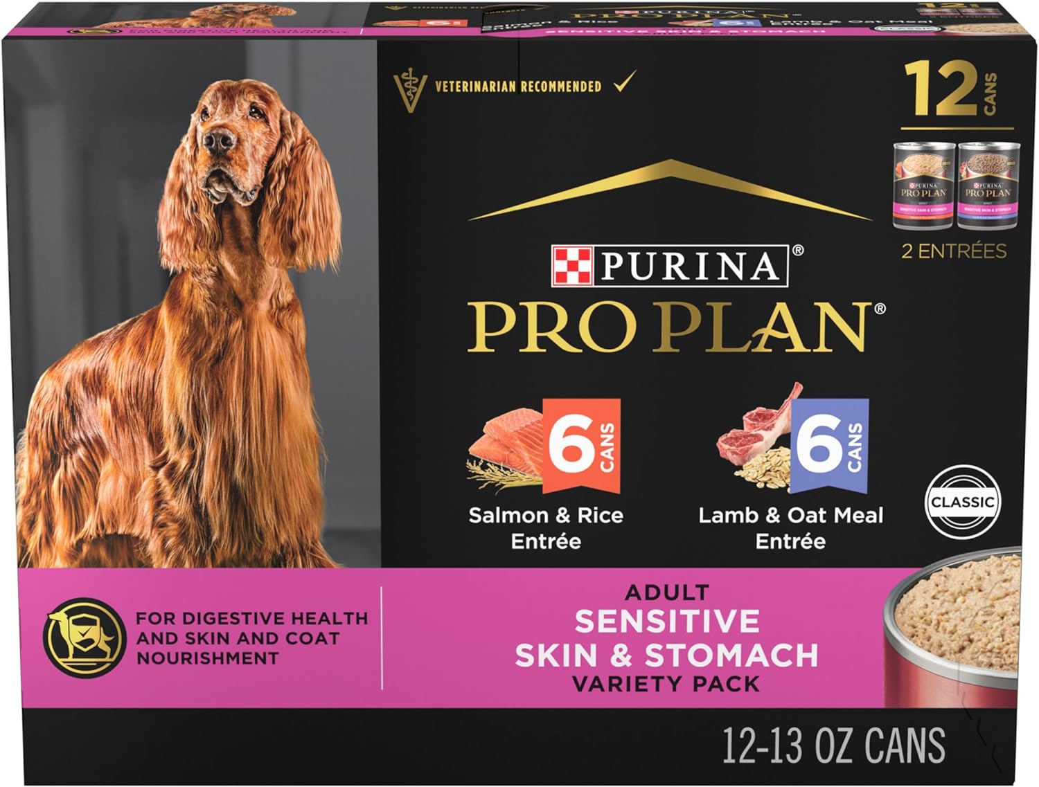 Purina Pro Plan Sensitive Skin and Stomach Dog Food Pate Salmon and Rice and Lamb and Oat Meal Wet Dog Food Variety Pack - (Pack of 12) 13 oz. Cans