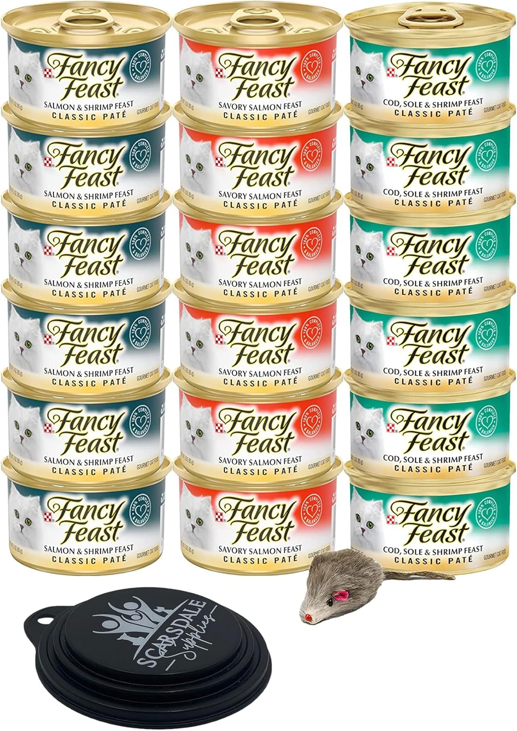 Fancy Feast Classic Pate Gourmet Cat Food Variety Pack Include 1 Mouse Toy, 6 Salmon & Shrimp Feast, 6 Savory Salmon Feast, and 6 Cod, Sole & Shrimp Feast 3 Oz (Pack of 18)