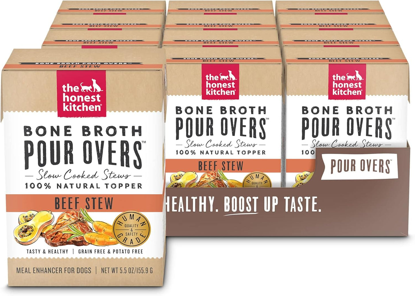 The Honest Kitchen Bone Broth POUR OVERS Wet Toppers for Dogs (12 Pack), 5.5 oz - Beef Stew