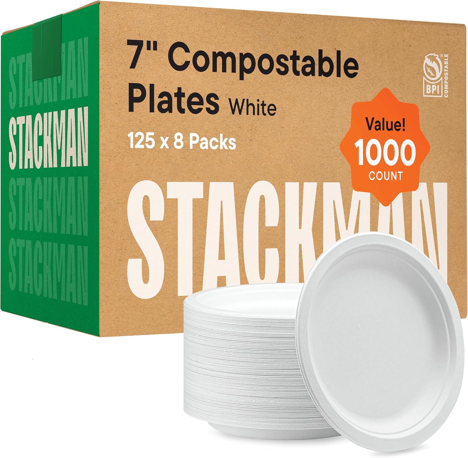 100% Compostable Paper Plates 7 Inch [1000 Count] Heavy-Duty Dessert Plates - Natural White Color Unbleached Bagasse - Eco-Friendly Disposable Biodegradable Sugarcane Plates - [Bulk Case 8\/125 Pack]