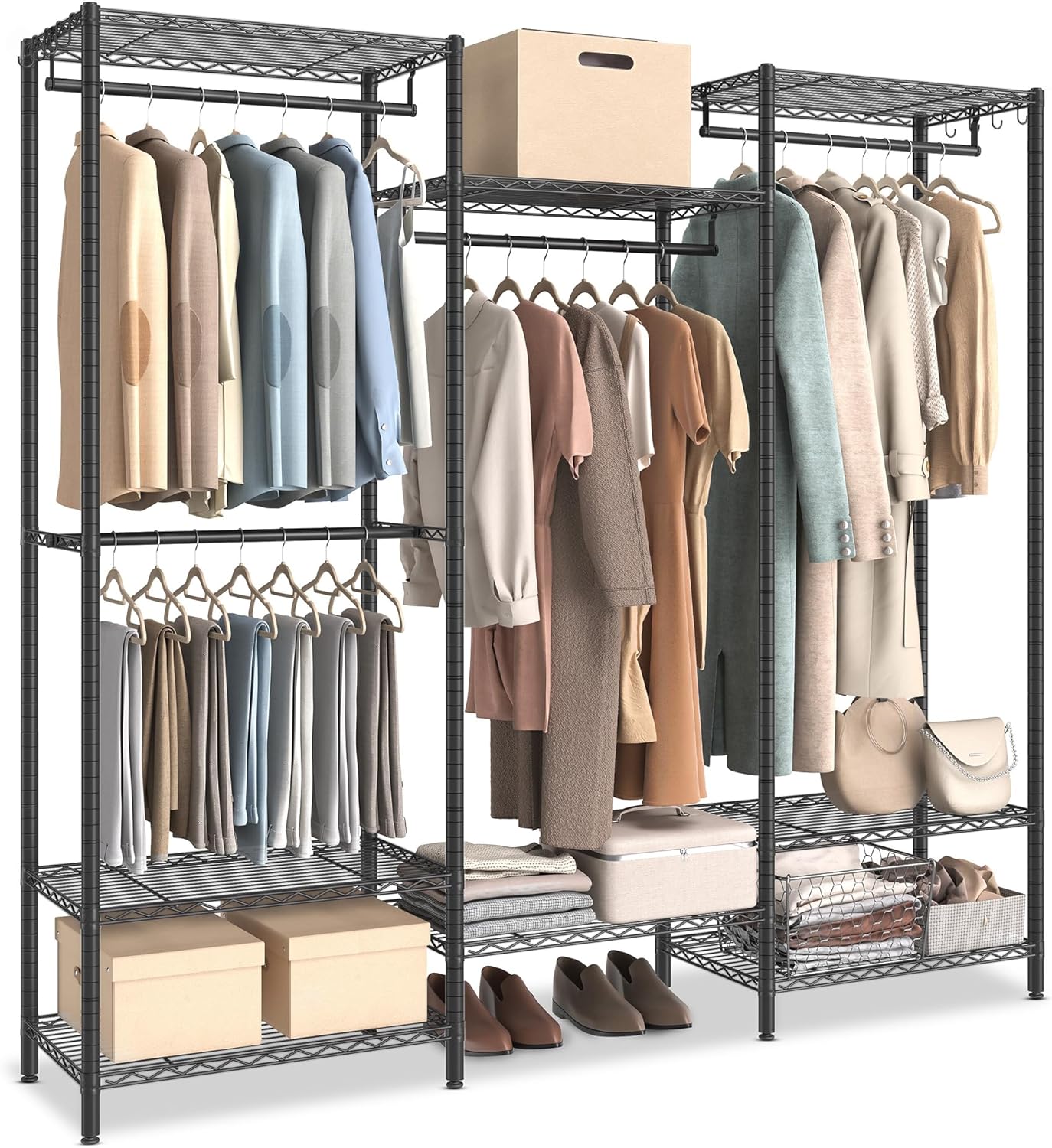 SONGMICS Portable Wardrobe Closet Heavy Duty Clothes Rack, Freestanding Closet Organizer, Metal Garment Rack with Adjustable Wire Shelves, Hanging Rods, Hooks, Dividable, Ink Black ULGR431B01